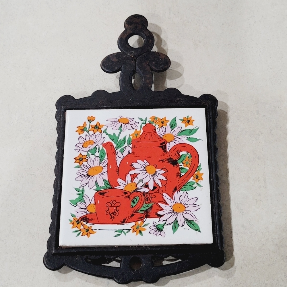Vintage Seven Star Cast Iron Trivet  Cast Iron Trivet Red Teapot with Floral